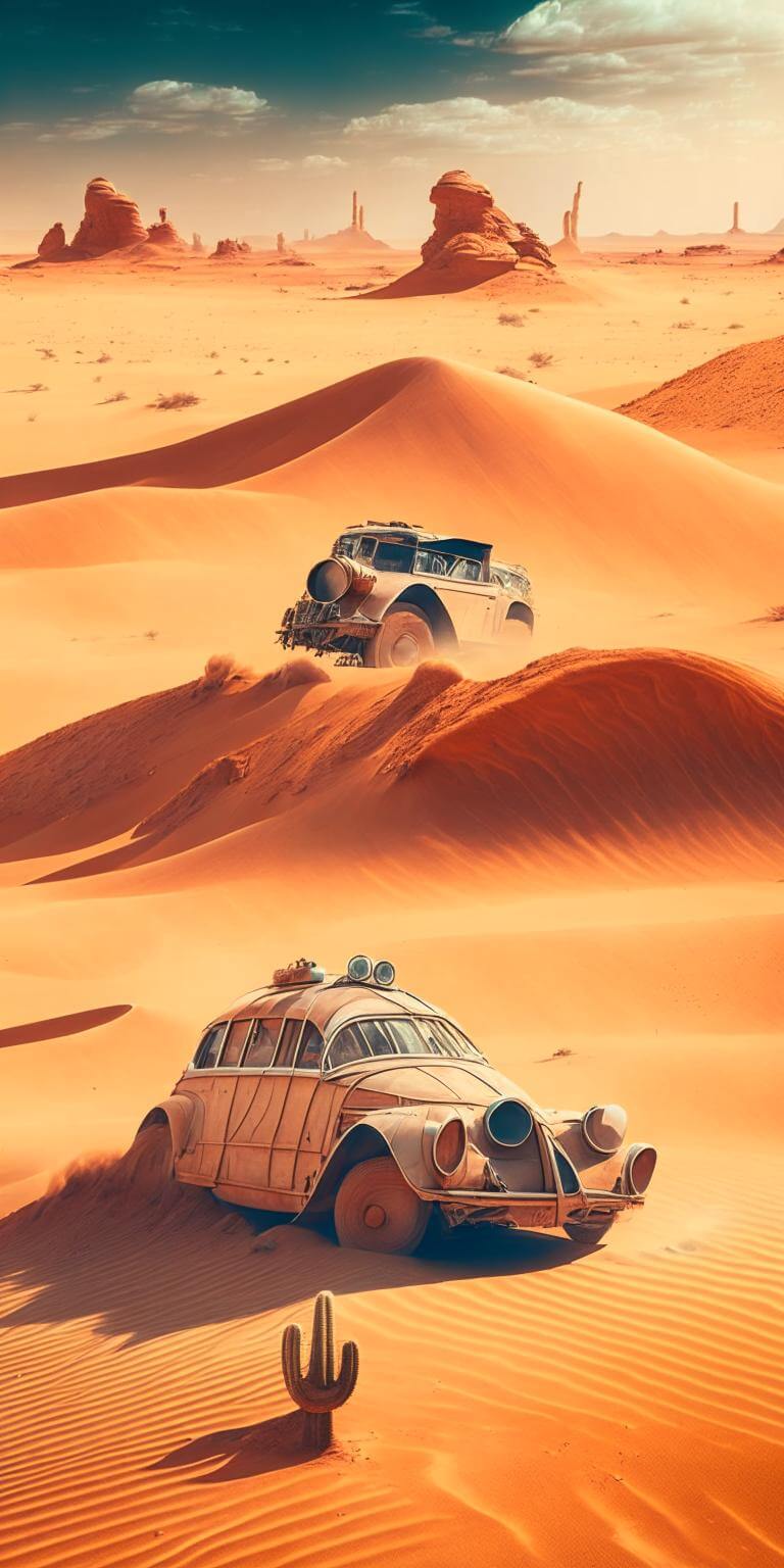 Нейросеть Kandinsky 2.1 от Сбера. Старинный автомобиль едет по пустыне на Марсе по версии Kandinsky 2.1. Фото.
