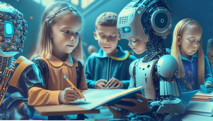 Как ИИ-системы влияют на образование? Дети учатся в школе будущего с помощью искусственного интеллекта. Картинка создана за пару минут. Фото.