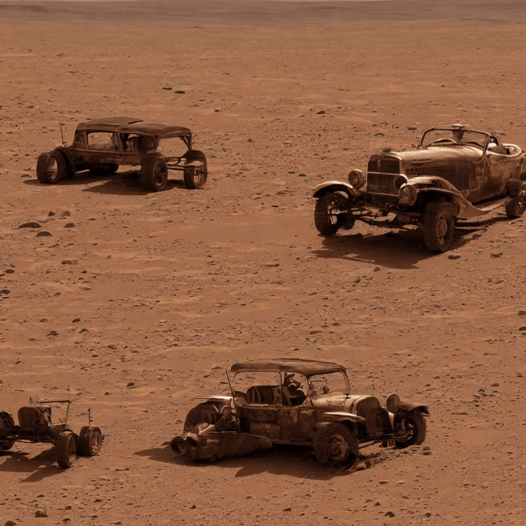 Сервис Playground AI для создания картинок. Старинный автомобиль едет по пустыне на Марсе по версии Playground AI. Фото.