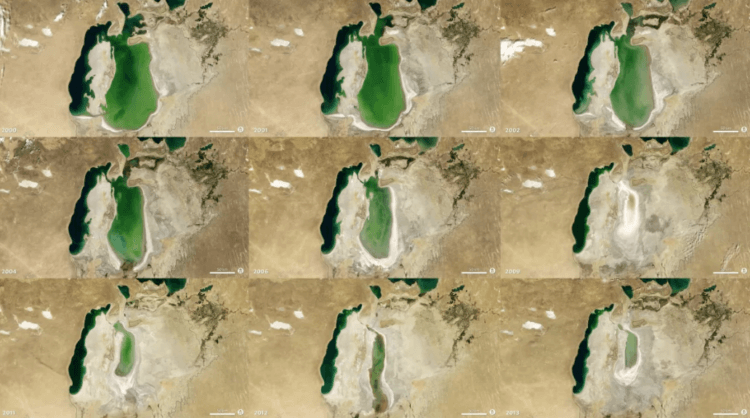 Запасы пресной воды стали сокращаться. Изменения в Аральском море в период с 2000 по 2013 годы. Фото.