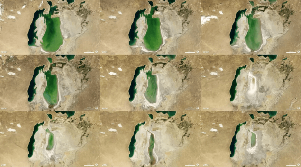 Запасы пресной воды стали сокращаться. Изменения в Аральском море в период с 2000 по 2013 годы. Фото.