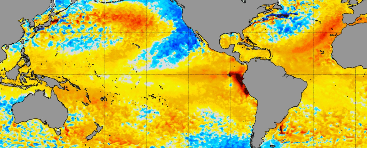 Что в мировом океане происходит. Карта аномально высоких температур океана (чем темнее теплые цвета, тем выше температура). Фото.