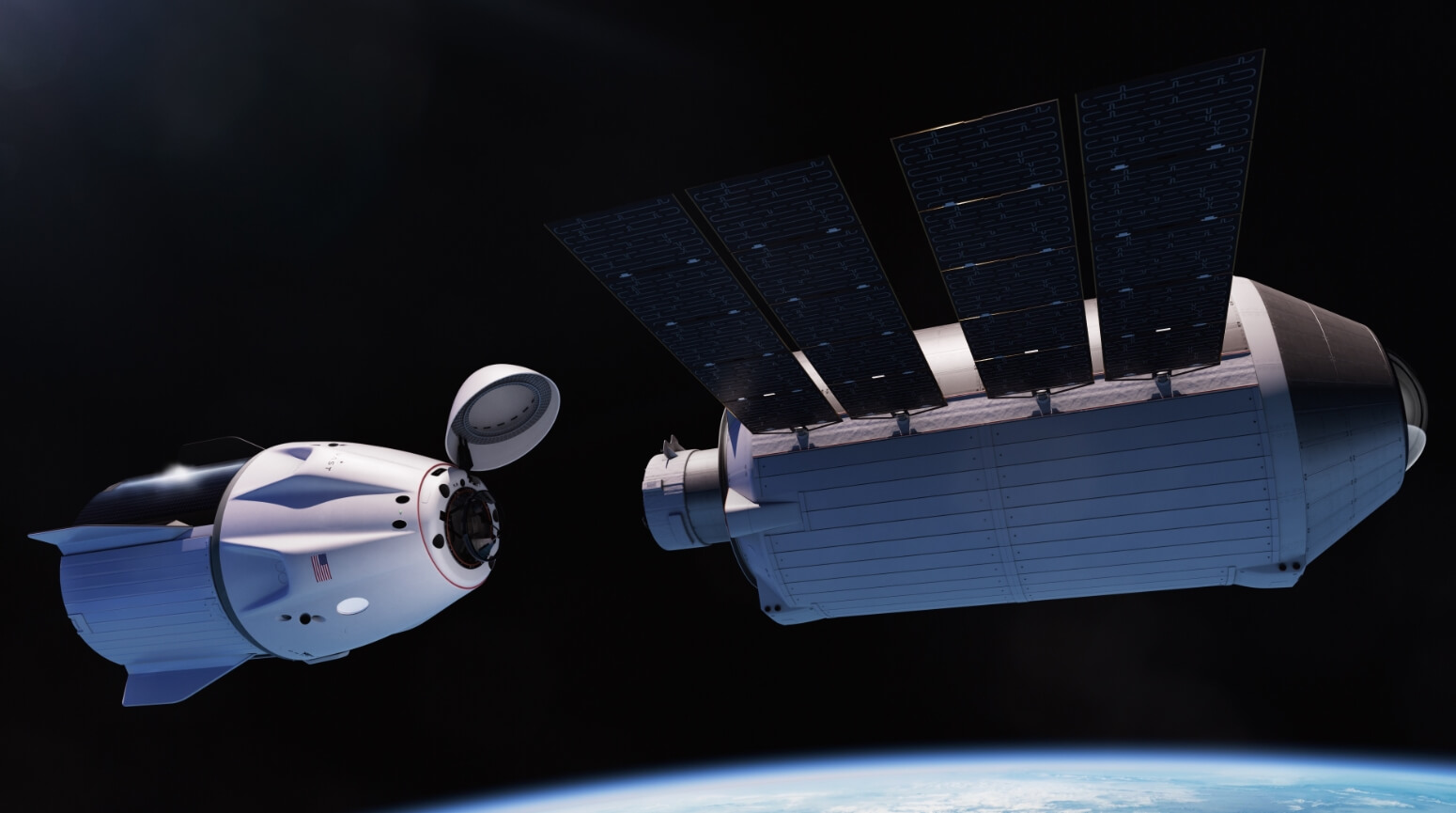 Коммерческая космическая станция Haven-1. Изображение демонстрирует стыковку космического корабля Dragon к станции Haven-1. Фото.