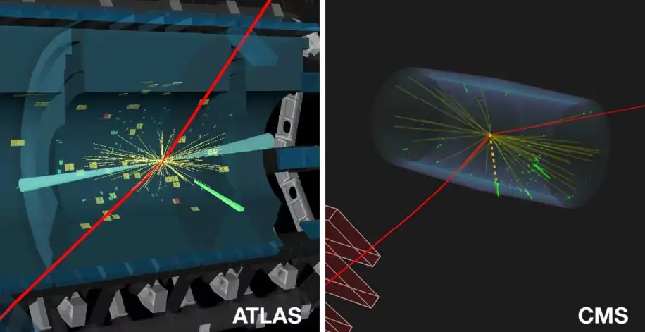 Редкий распад бозона Хиггса. События-кандидаты от ATLAS (слева) и CMS (справа) для бозона Хиггса, распадающегося на Z-бозон и фотон, с Z-бозоном, распадающимся на пару мюонов. Фото.