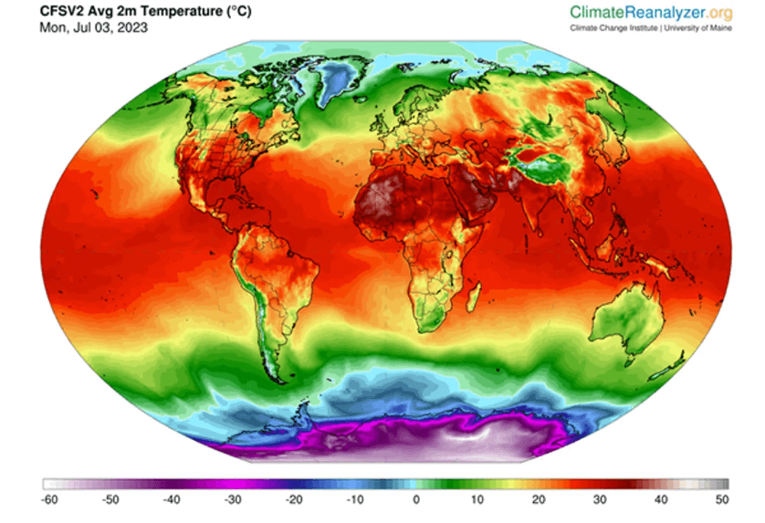 Новый абсолютный рекорд температуры. Средняя температура на Земле за 3 июля 2023 года. Фото.