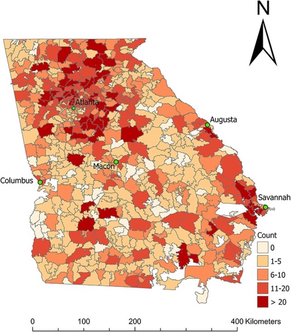 В будущем змеи станут более агрессивными. Карта показывает частоту змеиных укусов в Джорджии. Чем краснее точка, тем агрессивнее змеи. Фото.
