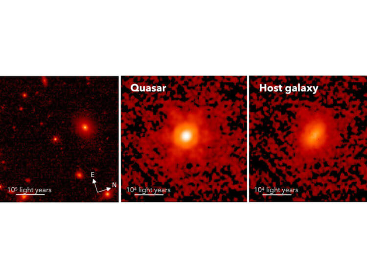 Квазары – самые яркие объекты в космосе. Квазар HSC J2236+0032, наблюдаемый космическим телескопом Джеймса Уэбба. Фото.