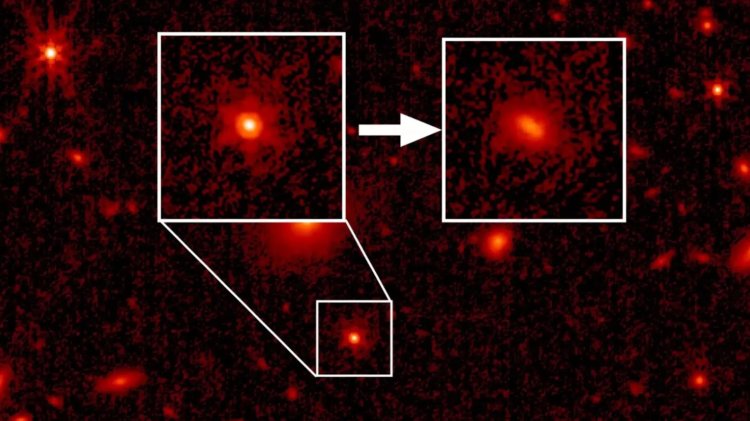 «Джеймс Уэбб» уловил свет самых первых галактик во Вселенной. На снимке, полученном с помощью телескопа «Джеймс Уэбб», черная дыра выглядит как красное пятно. Фото.