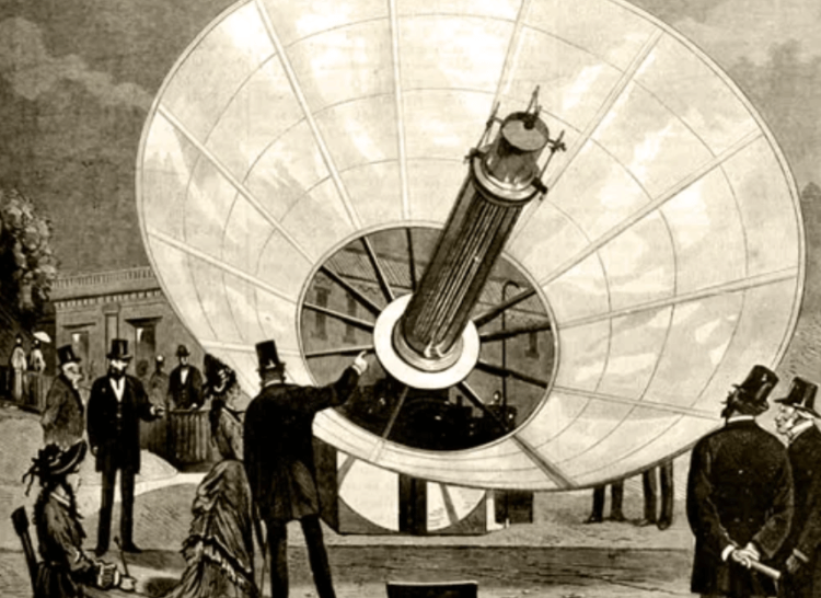 Паровые двигатели на солнечной энергии. Солнечный концентратор Огюстена Мушо, продемонстрированный в Париже в 1878 году. Фото.