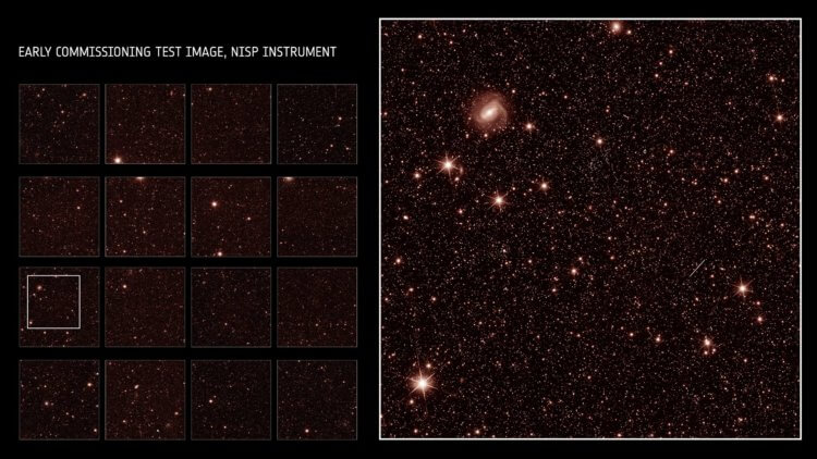 Может ли космический телескоп обнаружить темную материю? Ранние тестовые изображения с прибора Euclid’s VIS. Слева – сетка миниатюр изображений. Справа – увеличенная сетка из четырех снимков, показывающая обширные звездные поля, галактики и звездные скопления.Изображение: Европейское космическое агентство. Фото.