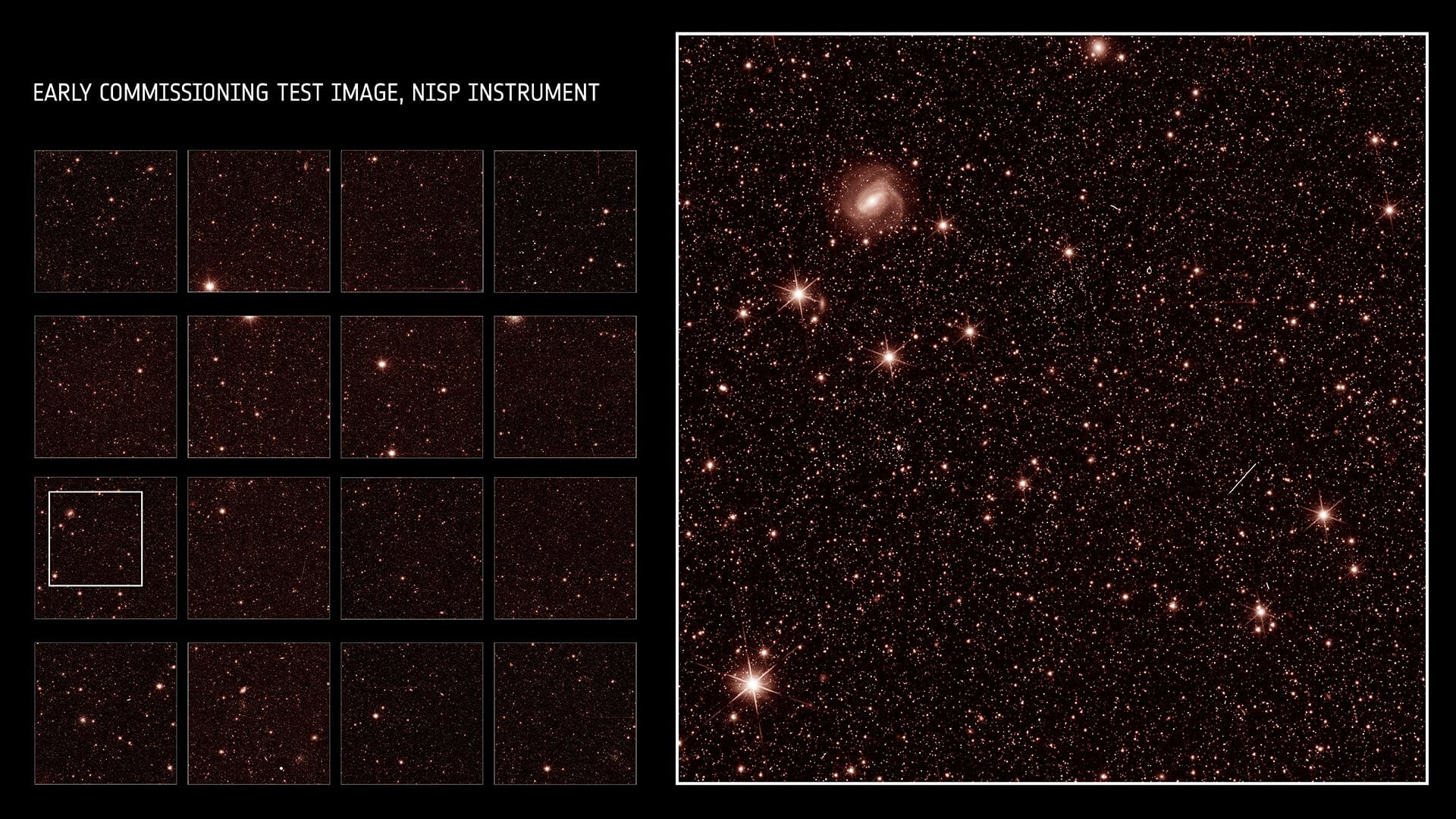 Может ли космический телескоп обнаружить темную материю? Ранние тестовые изображения с прибора Euclid’s VIS. Слева – сетка миниатюр изображений. Справа – увеличенная сетка из четырех снимков, показывающая обширные звездные поля, галактики и звездные скопления.Изображение: Европейское космическое агентство. Фото.