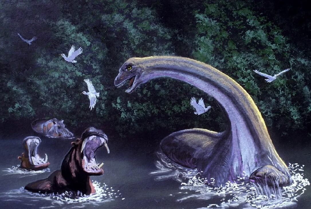 Как появилась легенда о динозавре, который до сих пор живет в Африке. Африканское чудовище мокеле-мбембе в представлении художника. Фото.
