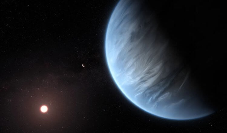 На далекой планете K2-18b найдены признаки существования жизни. Планета K2-18b в представлении художника (справа). Слева вдали показана звезда K2-18, а посередине — предполагаемая планета K2-18c. Фото.