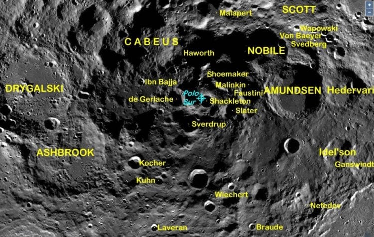 Поиск места падения «Луна-25». Карта Южного полюса Луны. Фото.