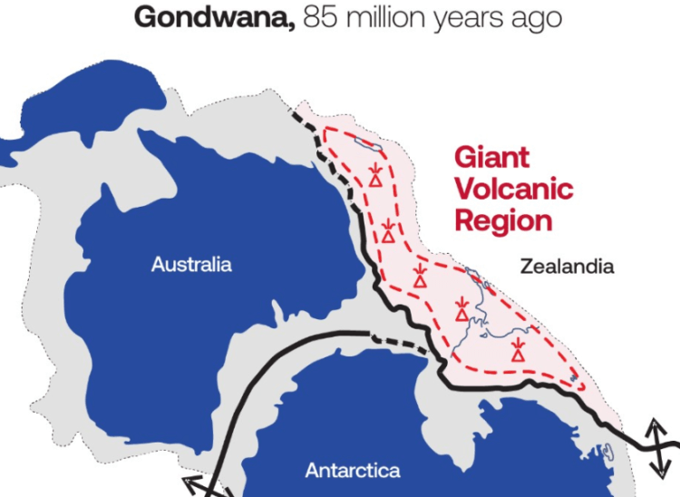 Как возник затерянный континент. Между Зеландией и Гондваной находится гигантский вулканический регион. Фото.