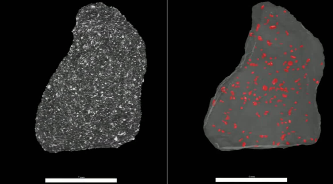 Из чего состоит астероид Бенну. Справа выделены области частицы грунта с серосодержащими минералами. Фото.