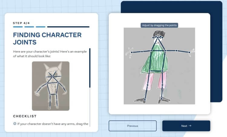 Нейросеть для создания мультфильмов Animated Drawings. На четвертом этапе необходимо показать, где у персонажа находятся конечности и другие части тела. Фото.