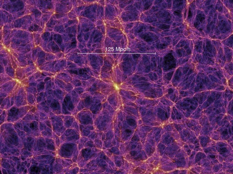 Проект FLAMINGO. Изображение крупномасштабной структуры Вселенной, показывающее нити и пустоты внутри космической структуры. Фото.