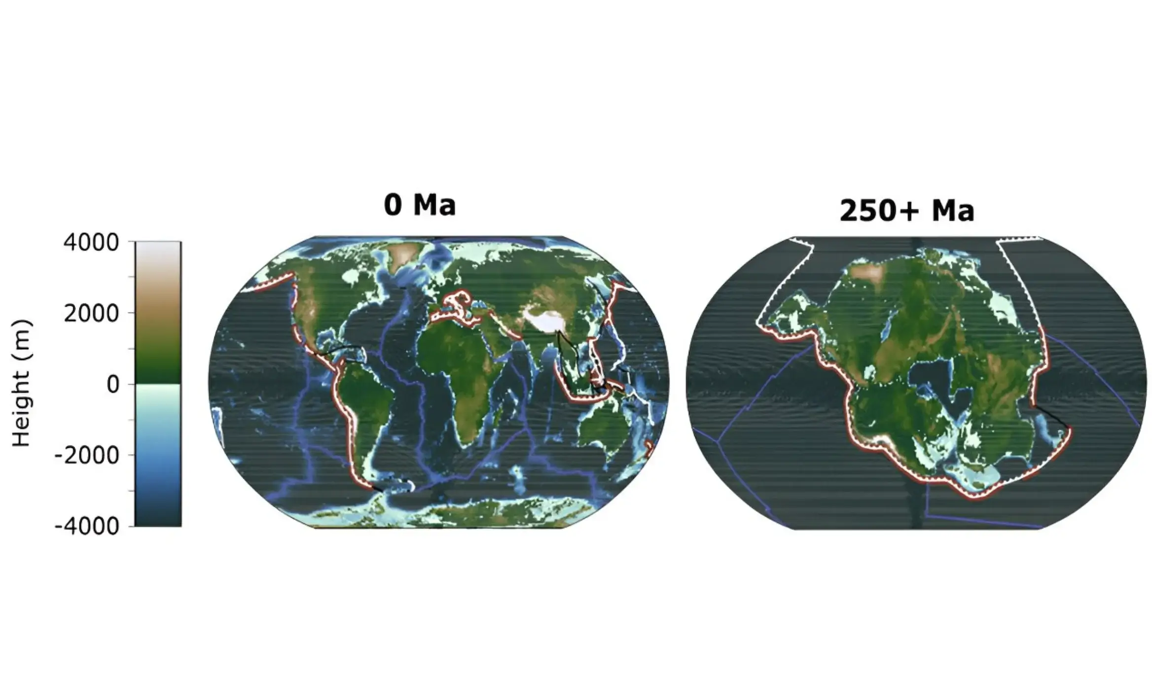 Суперкомпьютер и климатические модели. Слева — континенты на планете сейчас. Справа — суперконтинент через 250 млн лет. Фото: University of Bristol. Фото.