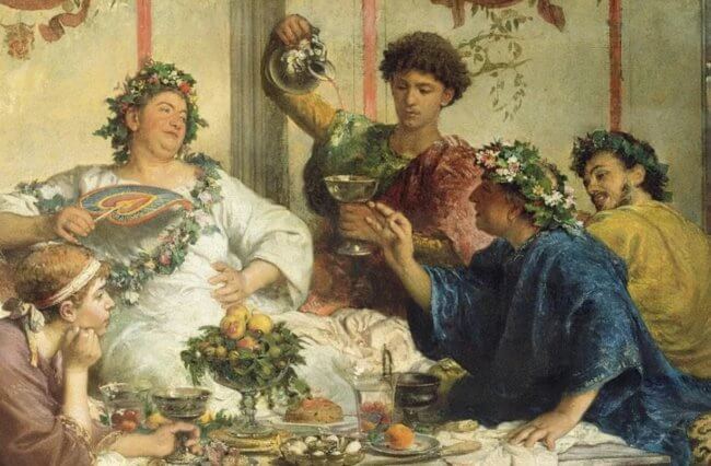 Почему в Древнем Риме ели лежа на животе и никогда не поднимали еду с пола. Фото.