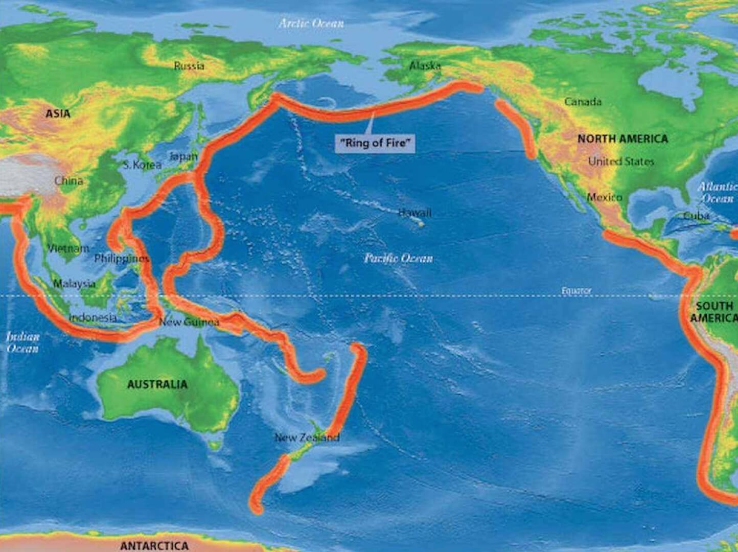 Сколько на Земле активных вулканов. Тихоокеанское огненное кольцо показано красной линией. Фото.