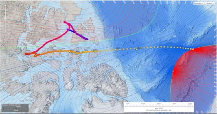 Инверсия магнитного поля сегодня. Наблюдаемые местоположения северного магнитного полюса в 1831-2007 годах обозначены желтыми квадратами. Смоделированные местоположения полюсов в 1590-2025 годах обозначены кругами, переходящими от синего к желтому. Национальные центры экологической информации. Фото.