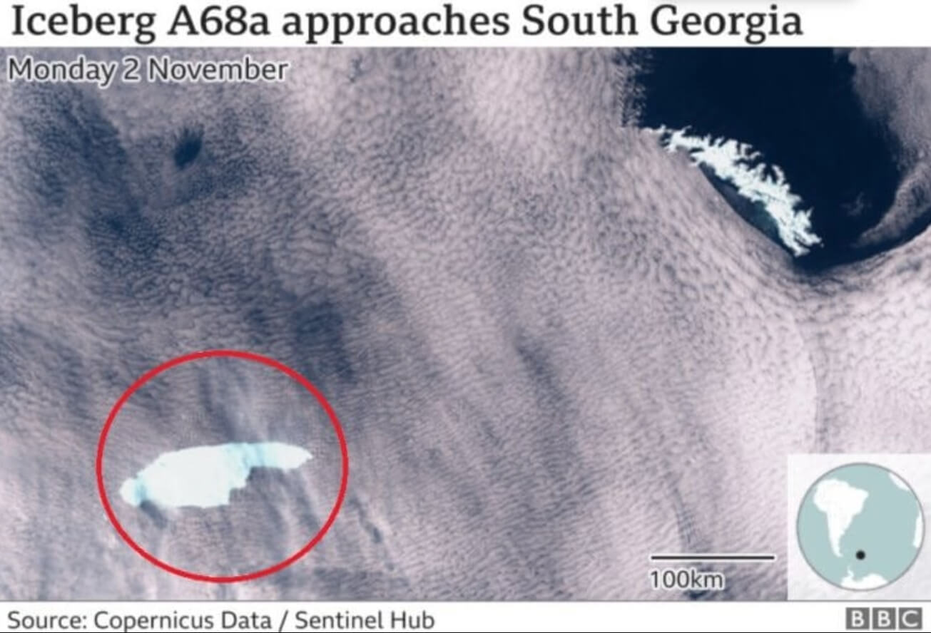 Самый большой айсберг в мире. Айсберг А-68 из космоса в 2020 году. Фото.