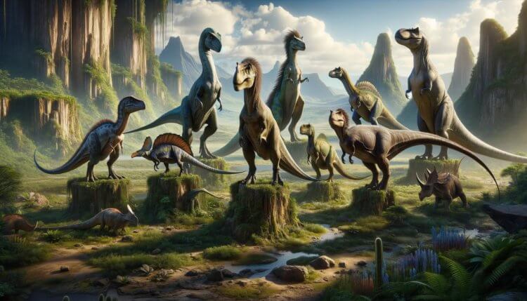 Самые главные научные открытия о динозаврах за 2023 год. В 2023 году ученые узнали о динозаврах много чего нового. Изображение: нейросеть DALL-E. Фото.