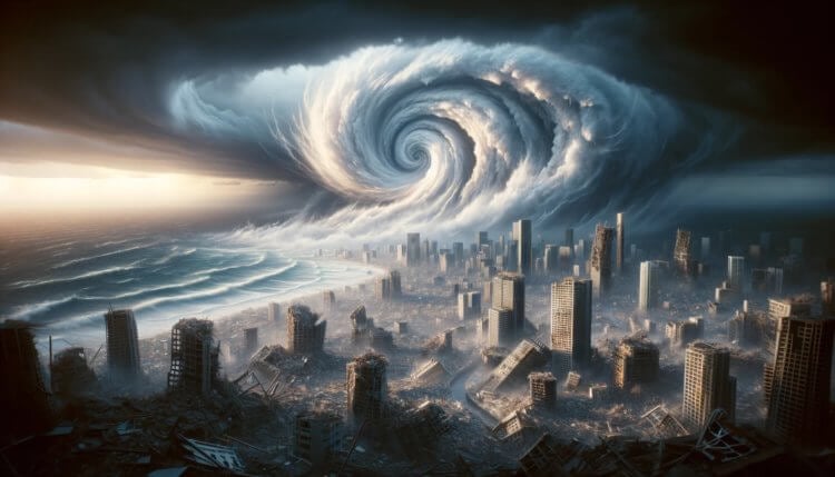 Что произойдет при резкой остановке Земли. Остановка вращения Земли вызовет огромное цунами. Изображение: нейросеть DALL-E. Фото.