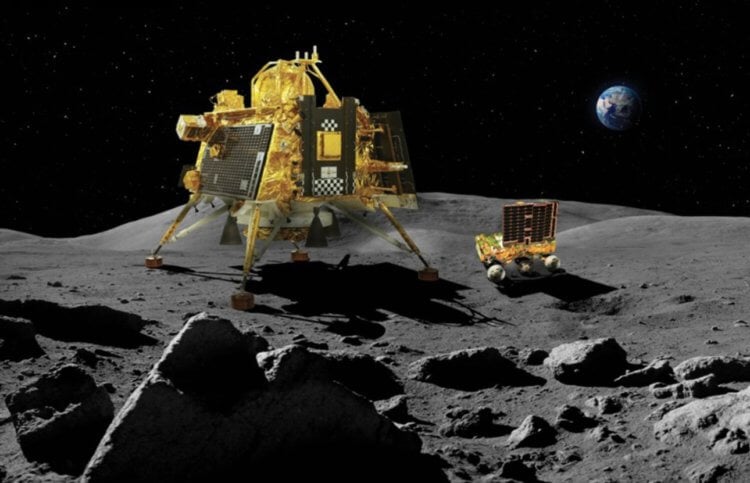 Индийский аппарат на Луне. Индийский аппарат «Чандраян-3» на поверхности Луны. Изображение: BBC. Фото.
