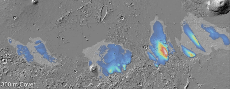 Как ученые обнаружили лед на Марсе. Карта потенциальной толщины льда. Фото.