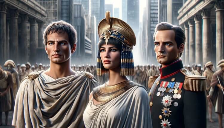 Как бы выглядели Цезарь и другие исторические личности в современном мире. Юлий Цезарь, Клеопатра и Наполеон Бонапарт в представлении нейросети DALL-E. Фото.