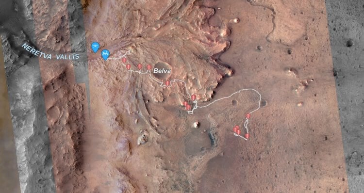 Марсоход Perseverance в кратере Езеро. Маршрут, который проехал Perseverance по кратеру Езеро. Фото.