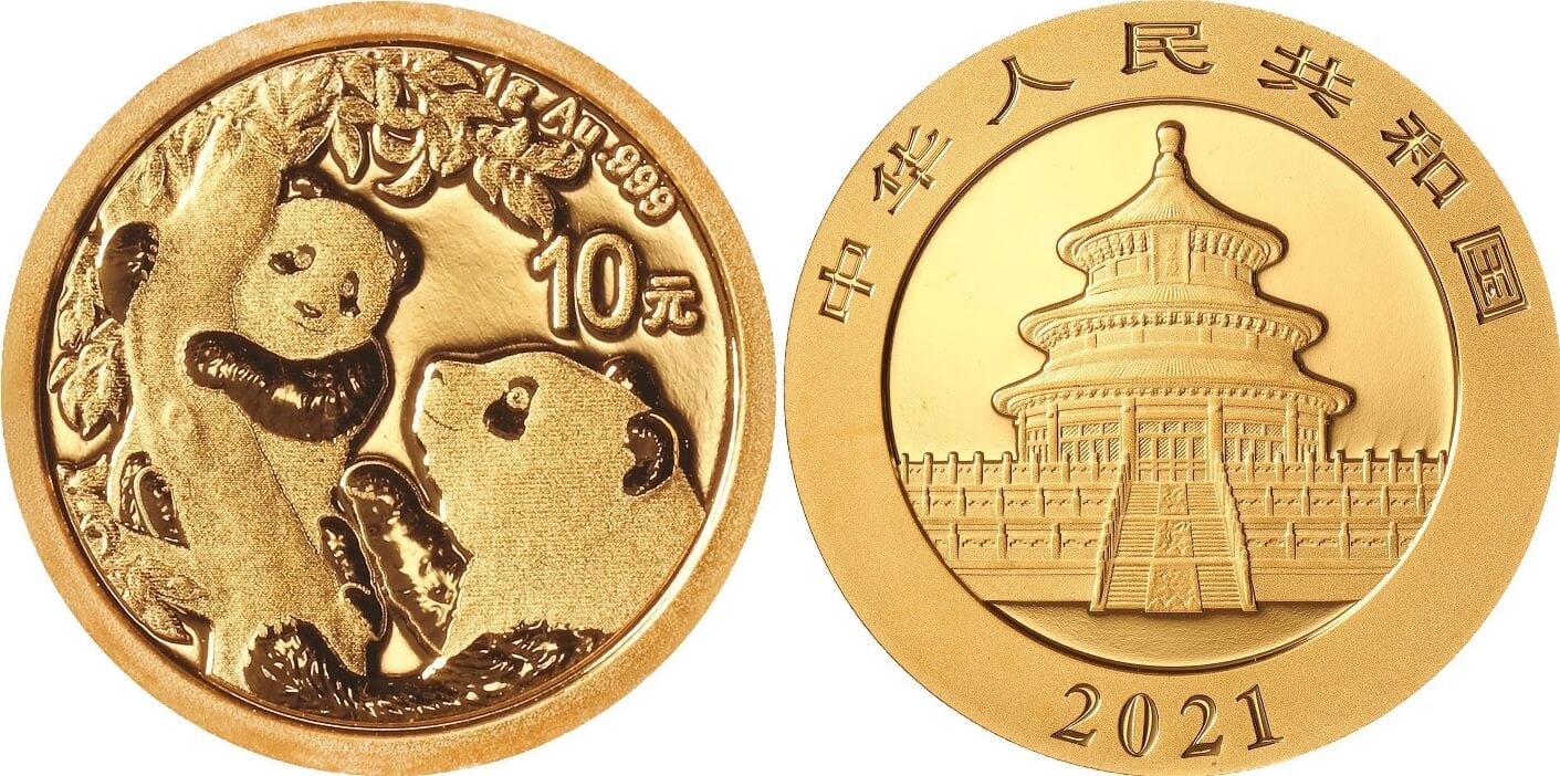 Золотые монеты Австралии. Китайская «золотая панда» образца 2021 года. Фото.