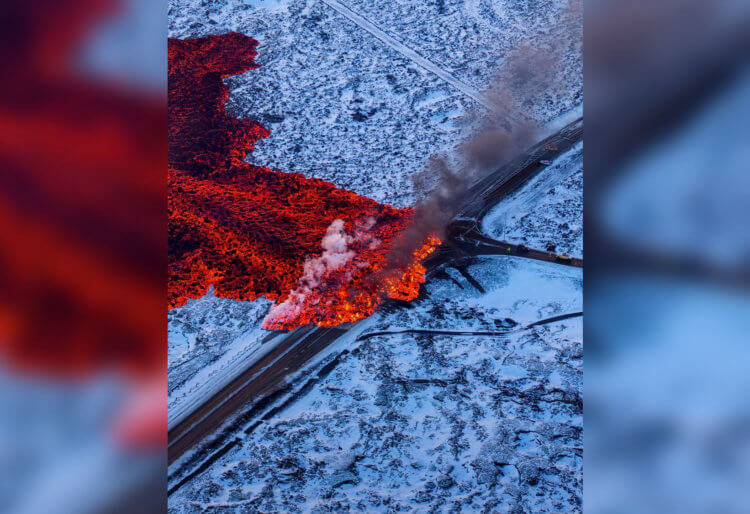 Извержение вулкана Фаградальсфьядль. Лава из вулкана Фаградальсфьядль на дороге. Источник: todayiniceland. Фото.