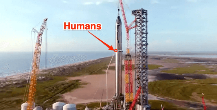 StarShip SpaceX er den største raket i historien. På baggrund af raketten virker en person som bare en fejl. Foto.