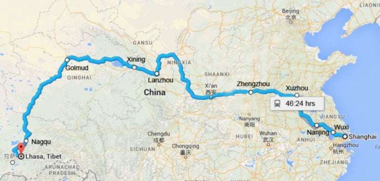 Tog fra Shanghai til Lhasa. Togrute fra Shanghai til Lhasa. Foto.