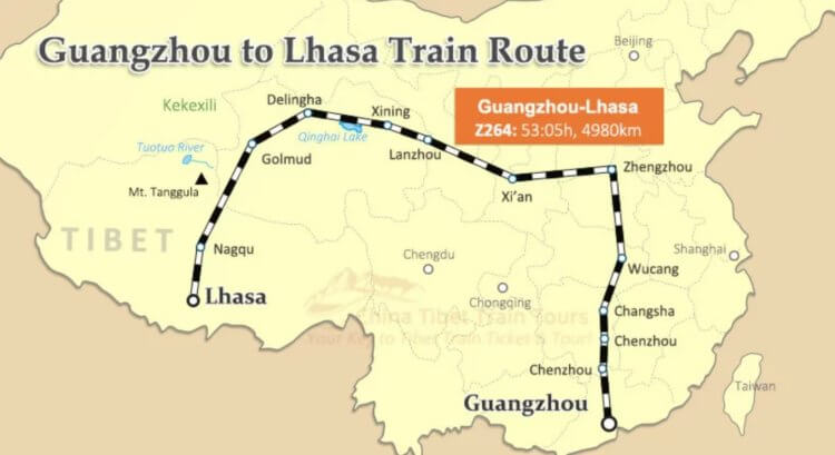 Den längsta järnvägen i Kina. Tågsträcka från Lhasa till Guangzhou. Foto.