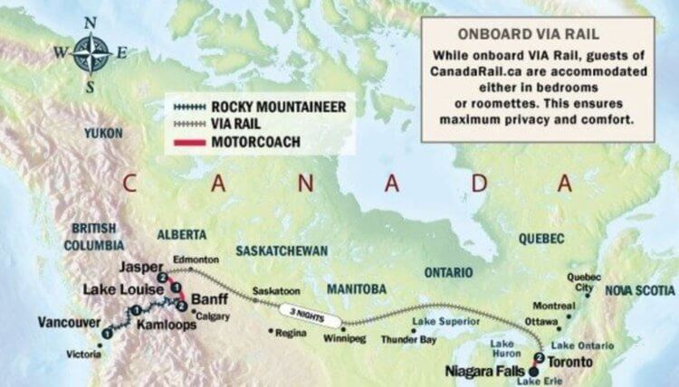 Den længste jernbane i Canada. Togrute fra Toronto til Vancouver. Foto.