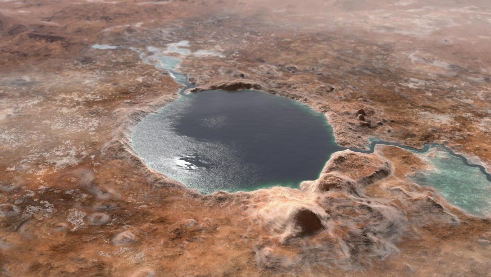 Изучение марсианских кратеров. Кратер Езеро на Марсе. Фотография: scitechdaily.com. Фото.