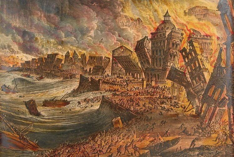 Лиссабонское землетрясение в 1755 году. Иллюстрация лиссабонского землетрясения 1755 года. Фото.
