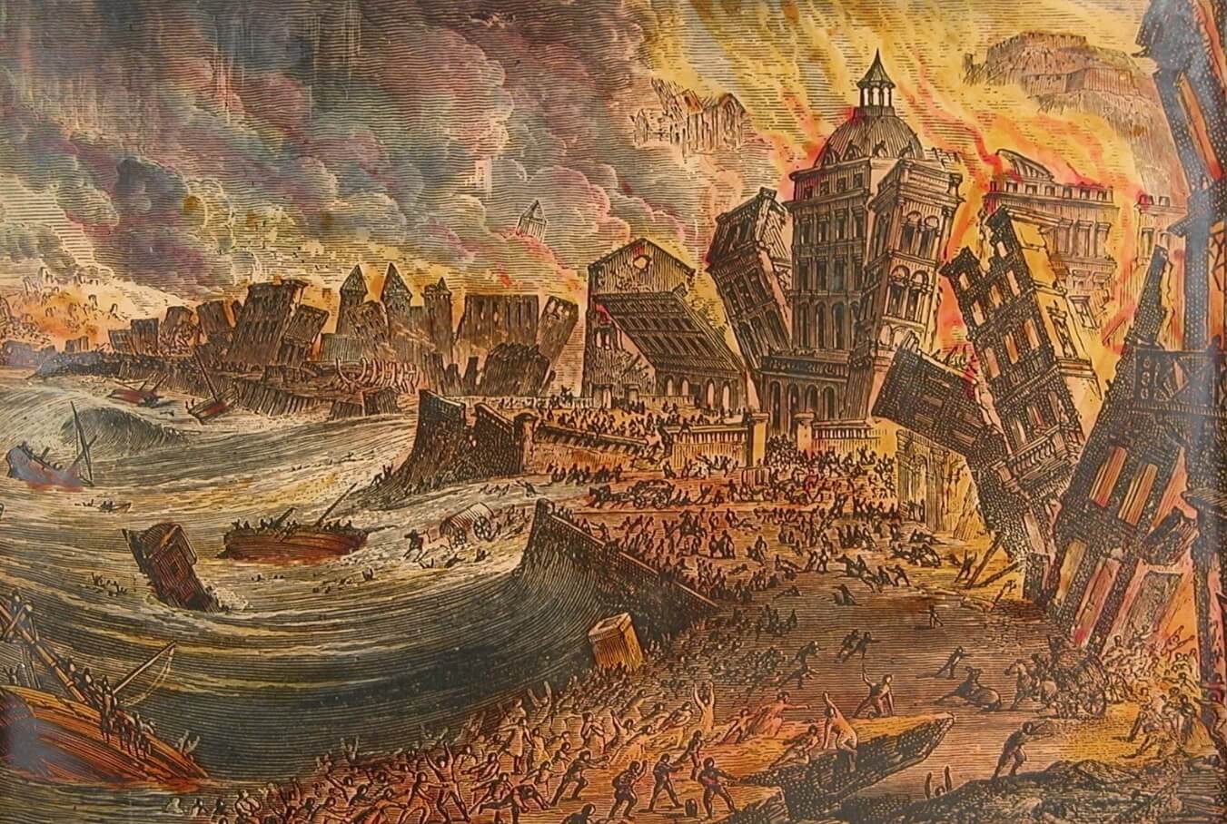 Лиссабонское землетрясение в 1755 году. Иллюстрация лиссабонского землетрясения 1755 года. Фото.