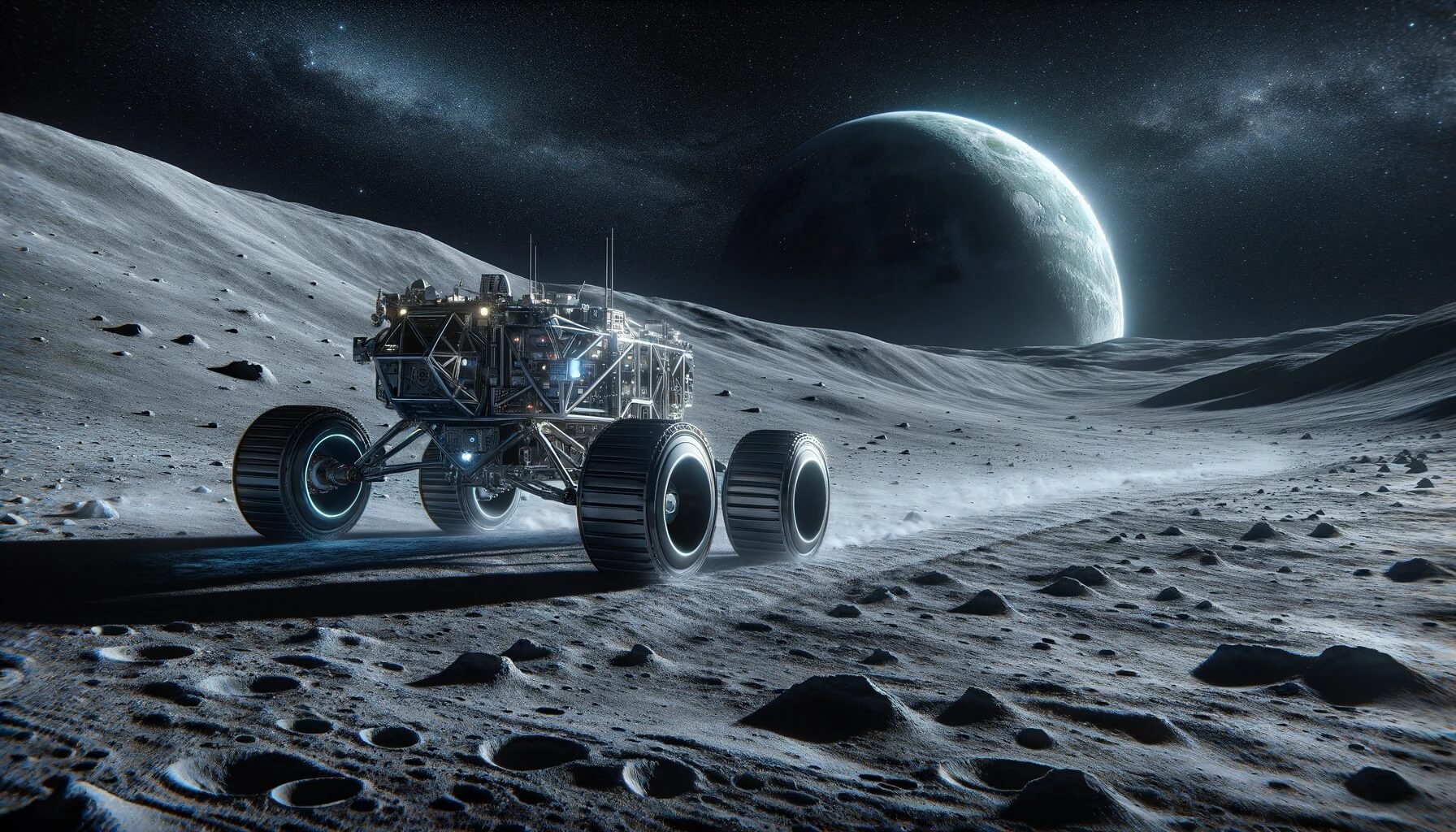 На Луне будут построены дороги. Лунные дороги не будут выделяться на общем фоне спутника, они просто будут ровнее и прочнее. Изображение: нейросеть DALLE-3. Фото.