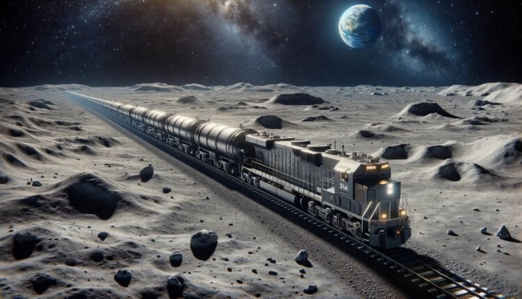 Железная дорога на Луне. Так будет выглядеть железная дорога на Луне по версии нейросети DALLE-3. Фото.