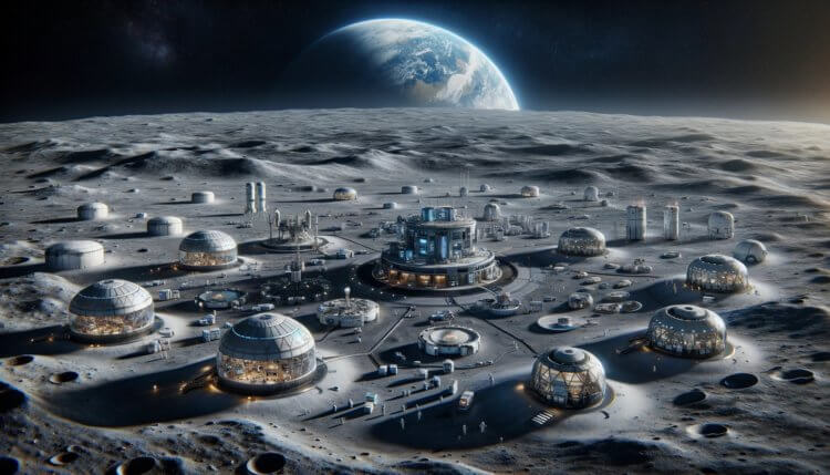 Vad kommer att byggas på månen i framtiden. Koloniserad måne enligt DALLE-3 neurala nätverk. Foto.
