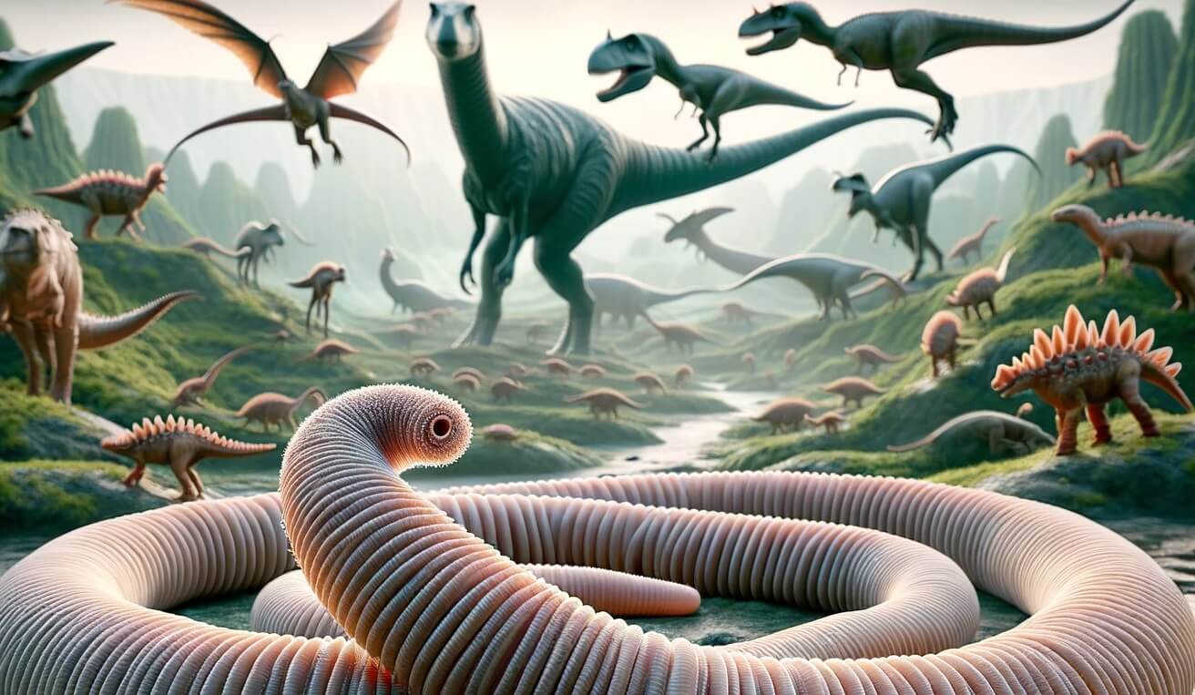 Удивительное открытие: ученые впервые нашли окаменелые останки червя-паразита. Ленточные черви-паразиты существовали уже во времена динозавров. Изображение: нейросеть DALLE-3. Фото.