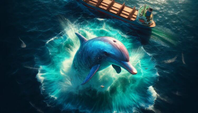 Hvorfor ledsager delfiner skibe, mens de sejler? Delfiner ledsager ofte skibe, mens de sejler, og videnskabsmænd kan ikke forstå, hvorfor de præcis gør dette. Foto.