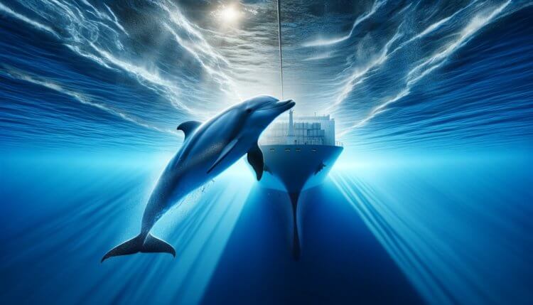 Why do dolphins swim with ships. Perhaps ships help dolphins cover long distances faster. Photo.