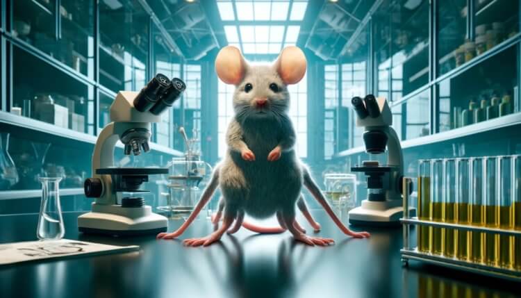 Forskare har skapat en mutant - det här är en mus med sex ben, men utan könsorgan. Under vetenskapligt arbete skapade forskare av misstag en mutant. Bild: DALLE-3 neurala nätverk. Foto.