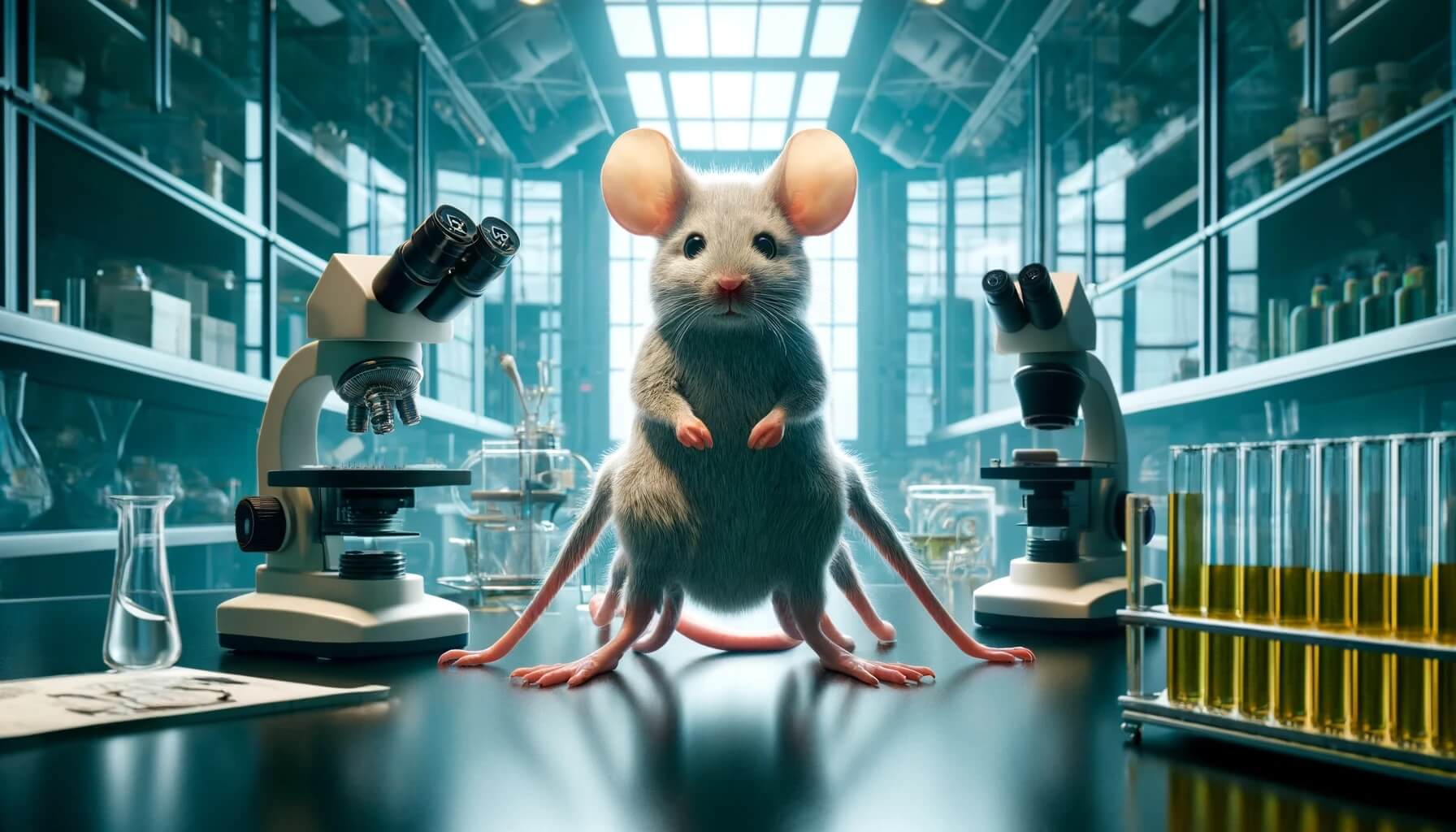Ученые создали мутанта — это мышь с шестью ногами, но без половых органов. В ходе научной работы ученые случайно создали мутанта. Изображение: нейросеть DALLE-3. Фото.